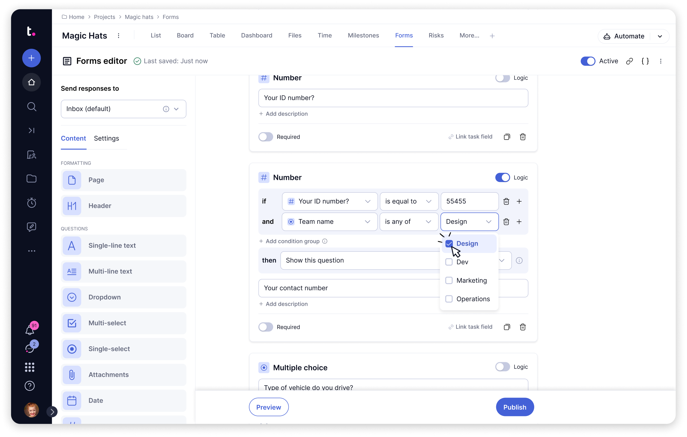 Conditional logic forms editor interface