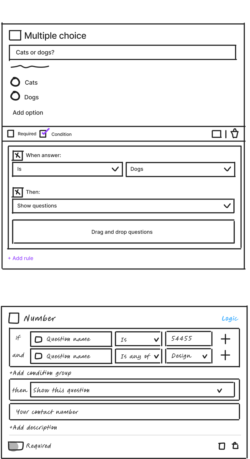 Two wireframe concepts showing nested logic vs rule-based logic approaches