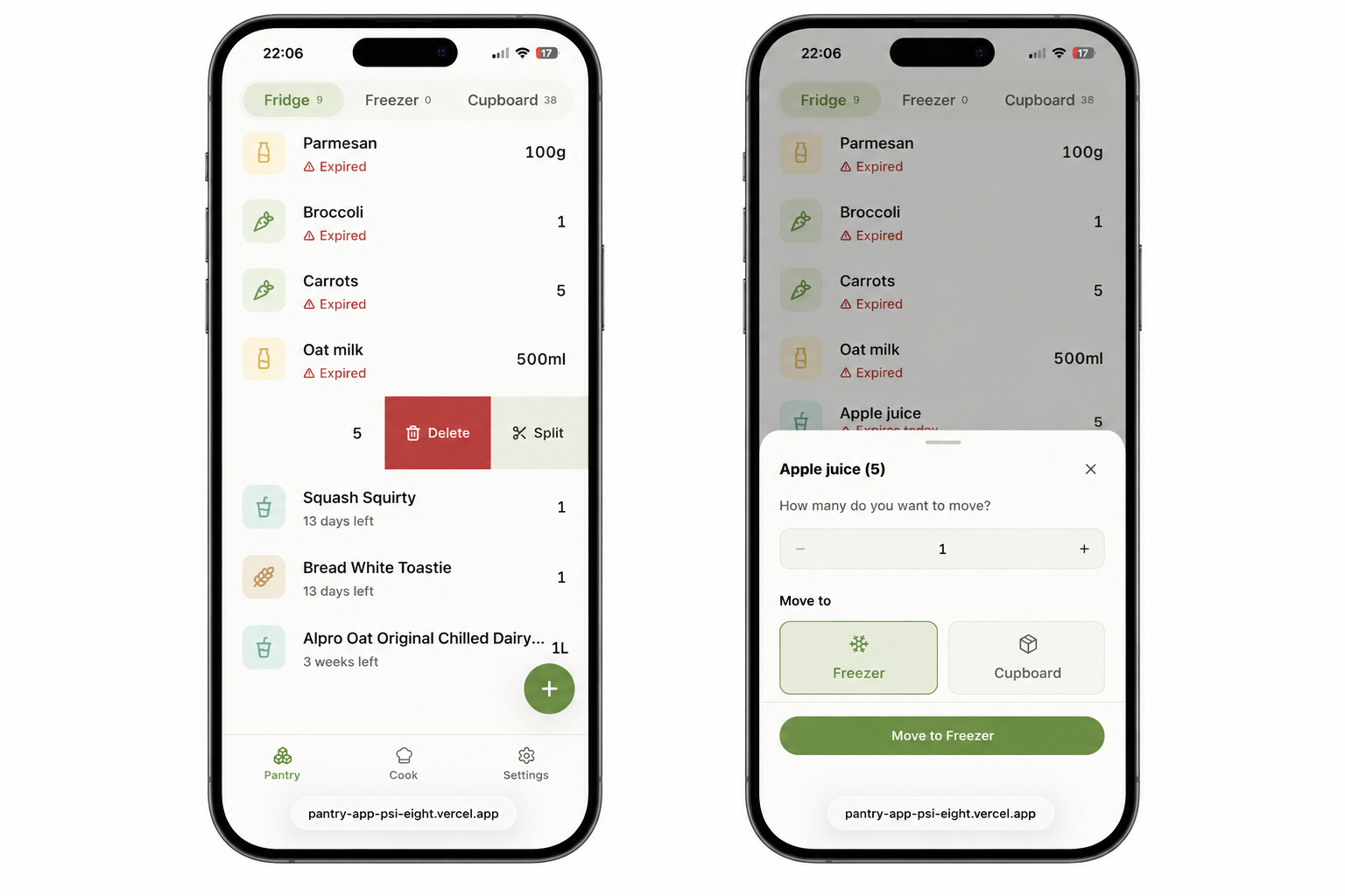 Pantry app — short swipe revealing Delete and Split actions; split drawer open with Move to Freezer CTA