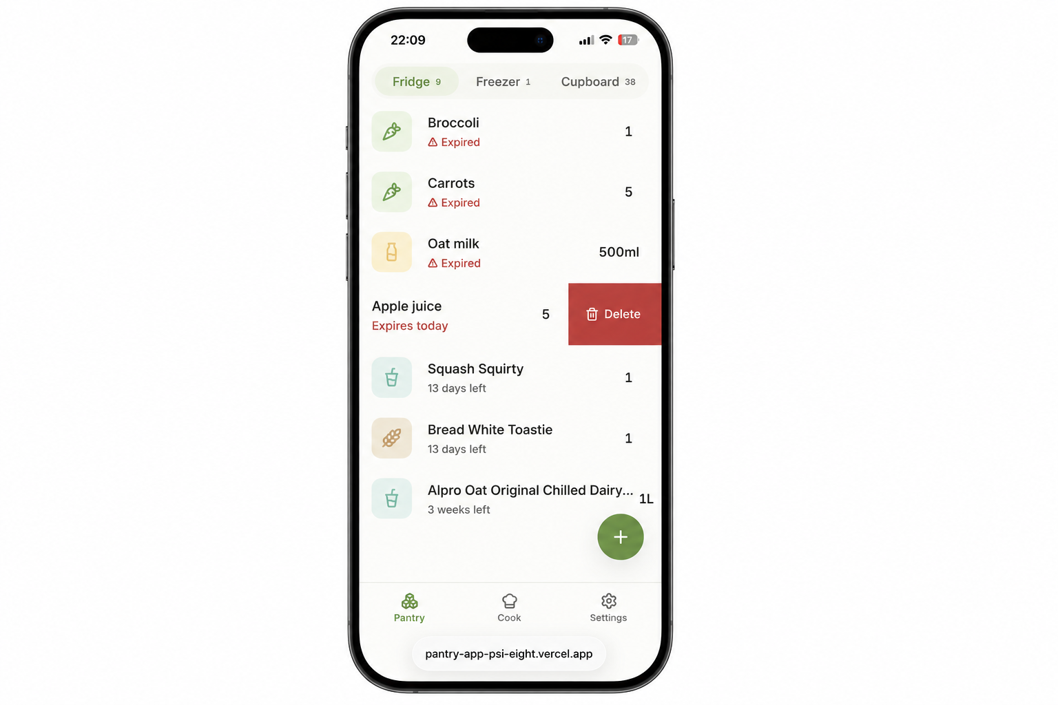 Pantry app — single swipe revealing only a delete action