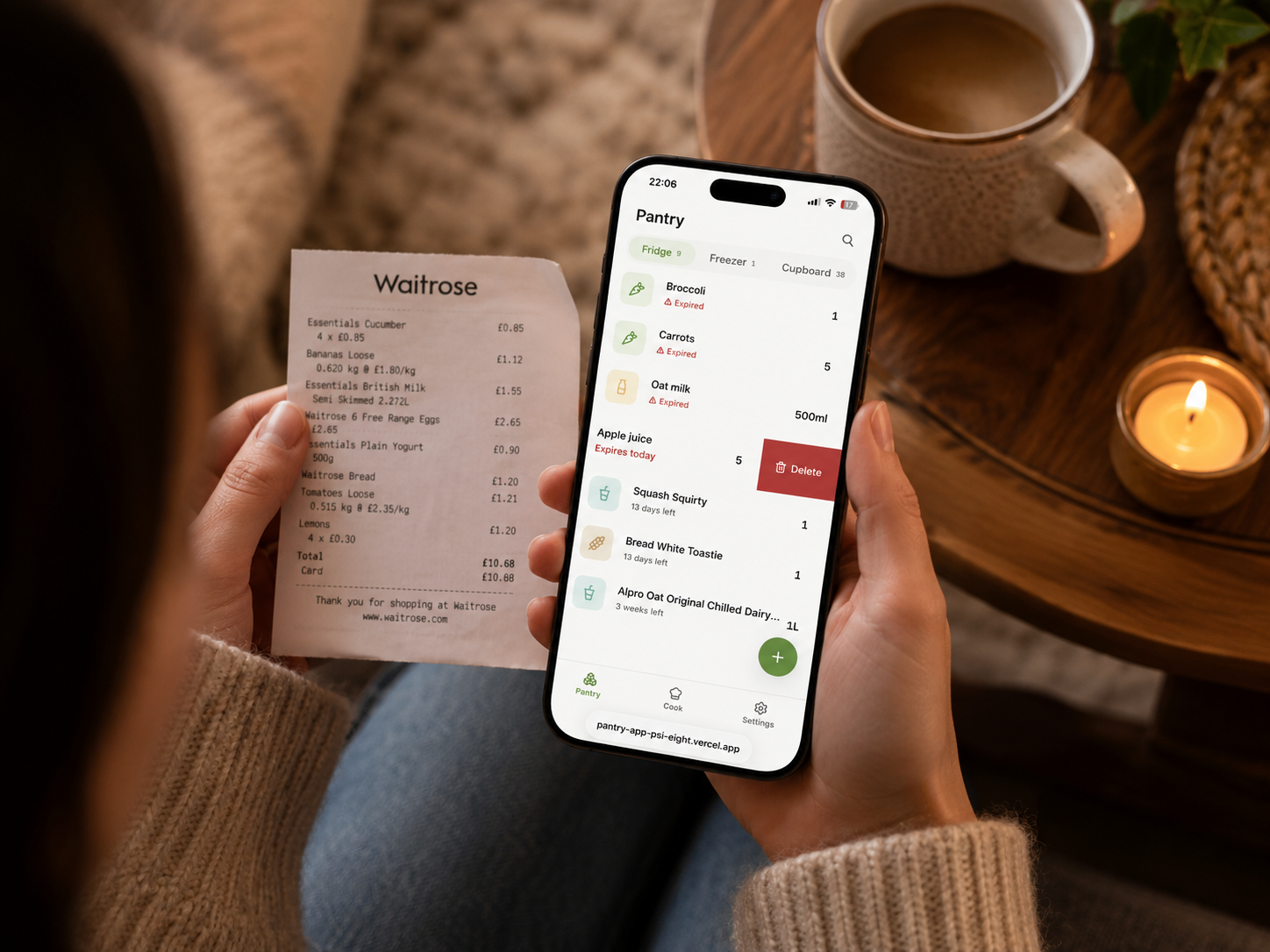 Pantry app alongside a Waitrose receipt — the real household context that drove the project