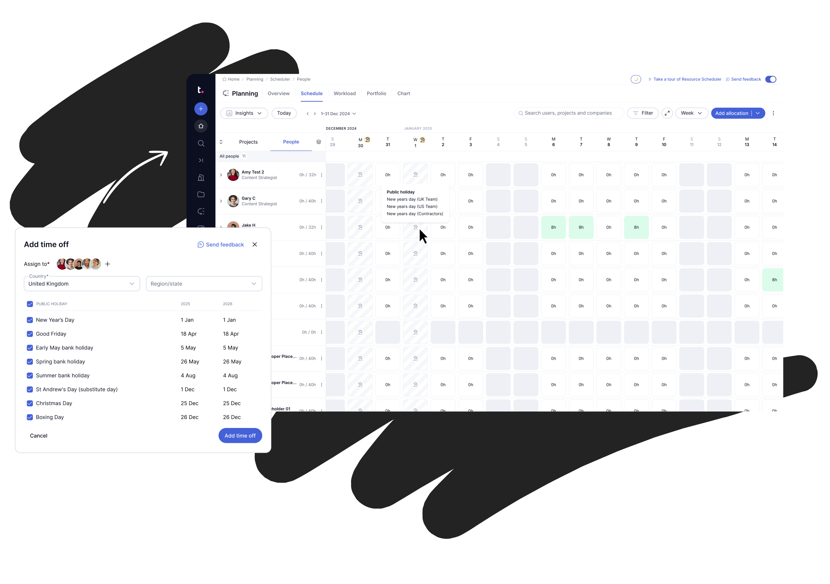 High-fidelity design of the Planning view showing the public holidays feature
