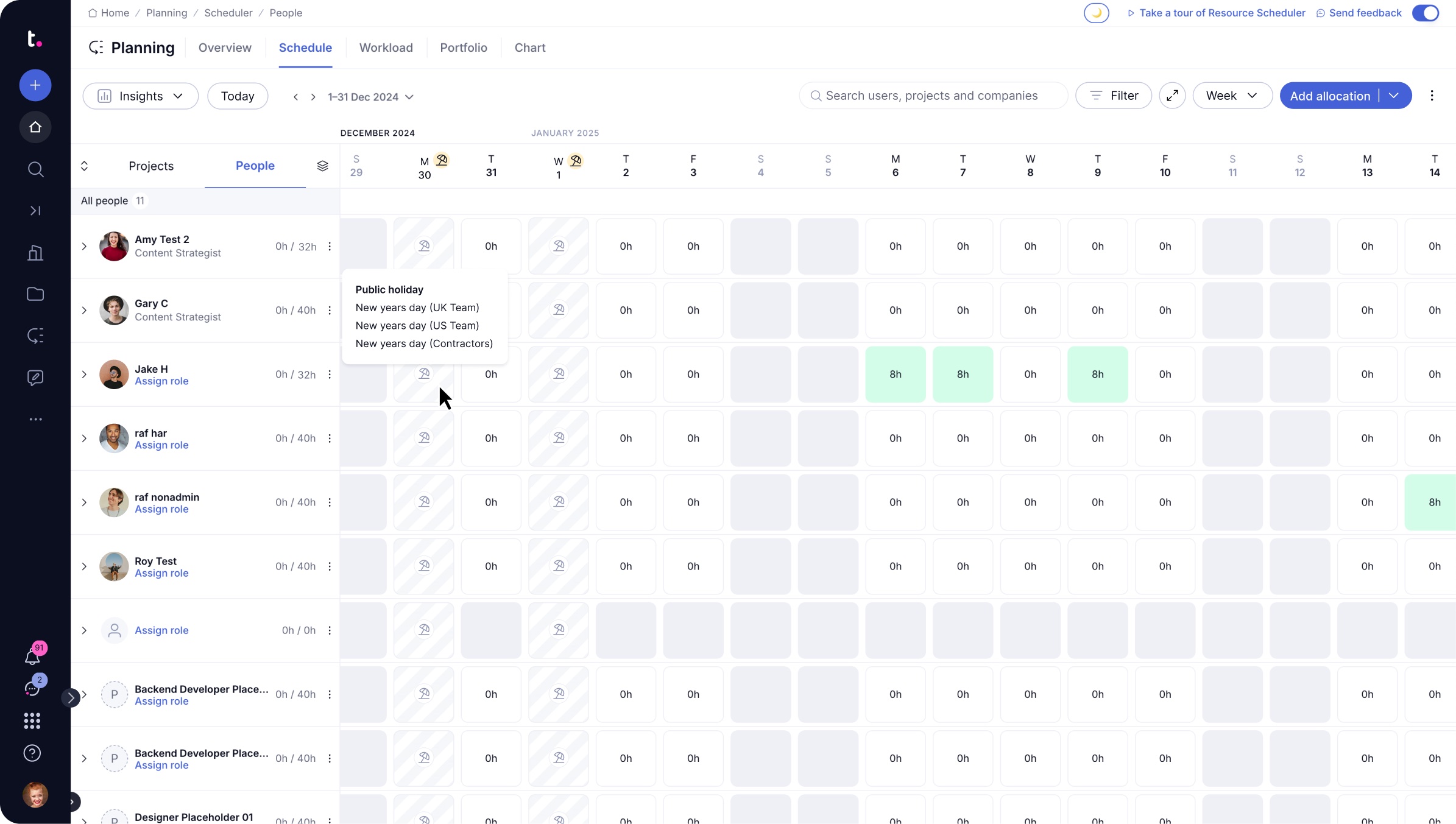 Public holidays planning interface screenshot