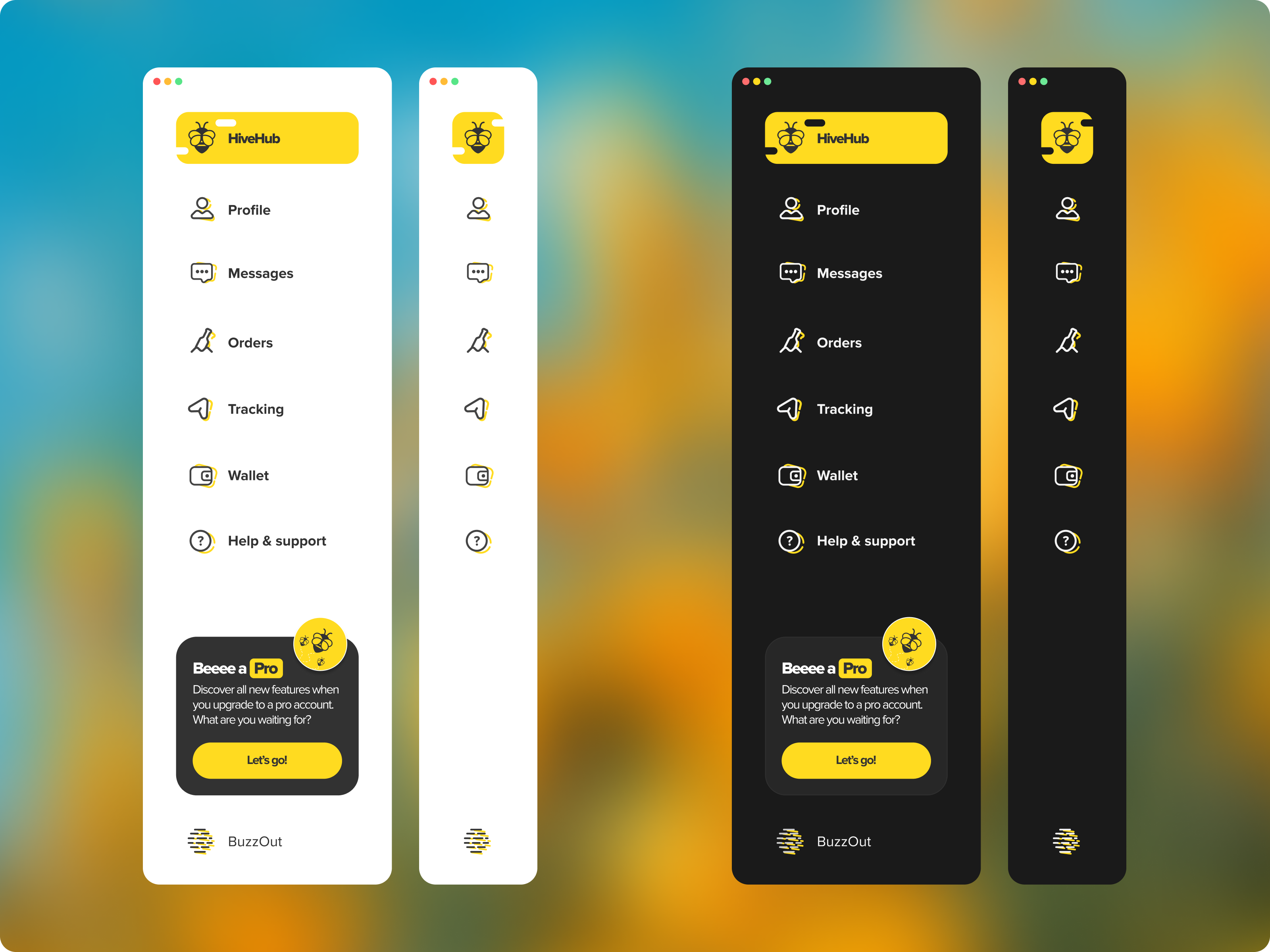 HiveHub navigation UI components across light and dark backgrounds