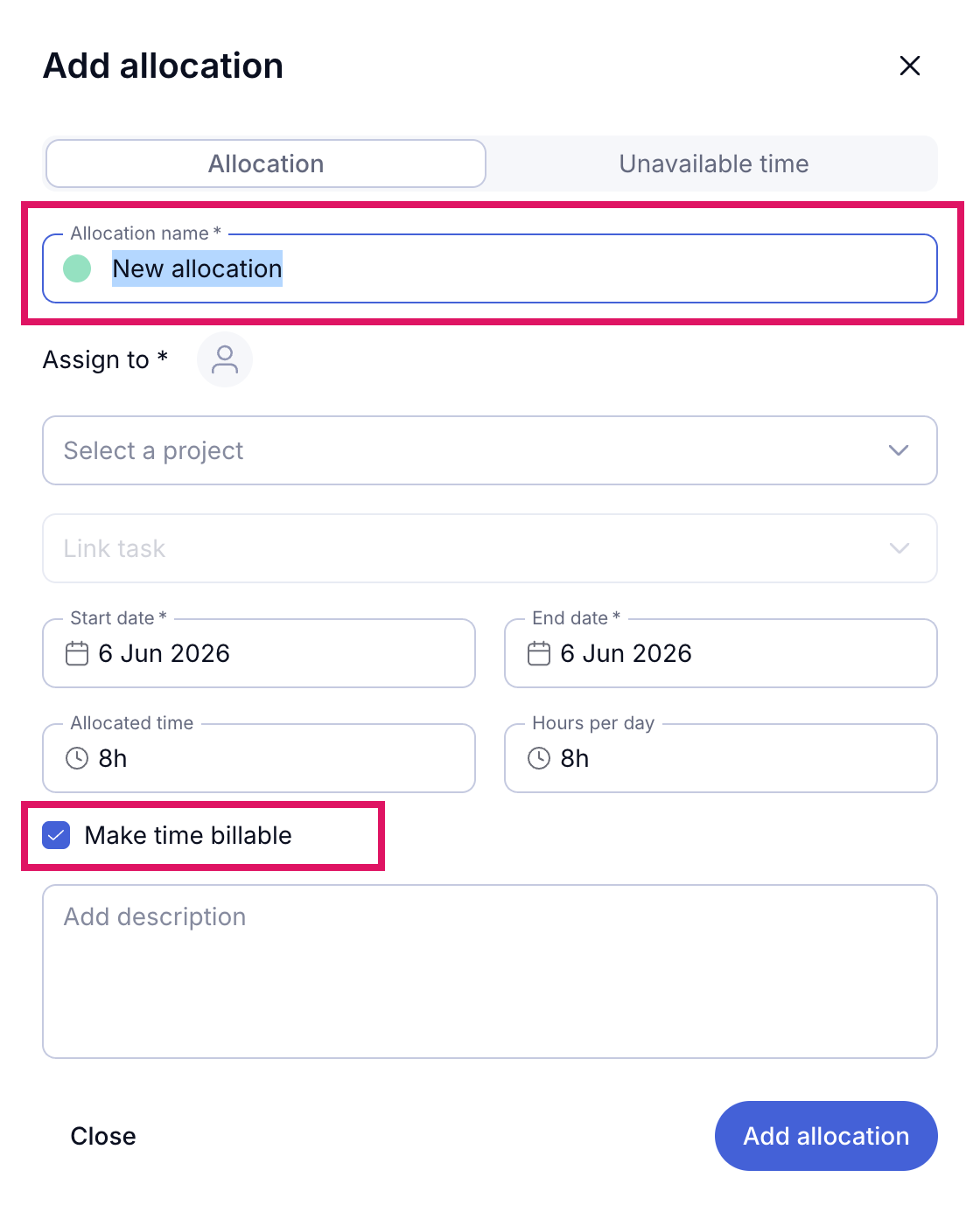 Allocation modal — after: name pre-filled and selected, make billable enabled