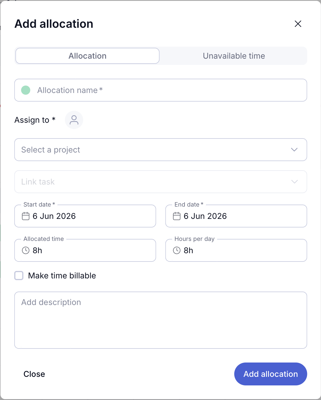 Allocation modal — before: empty fields, no defaults