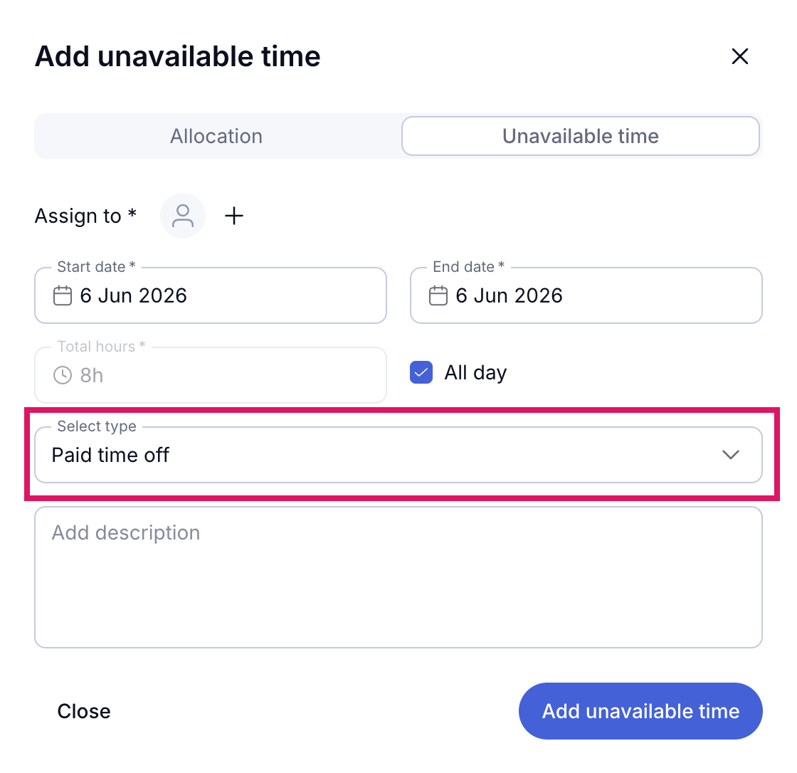 Unavailable time modal — after: Paid time off pre-selected