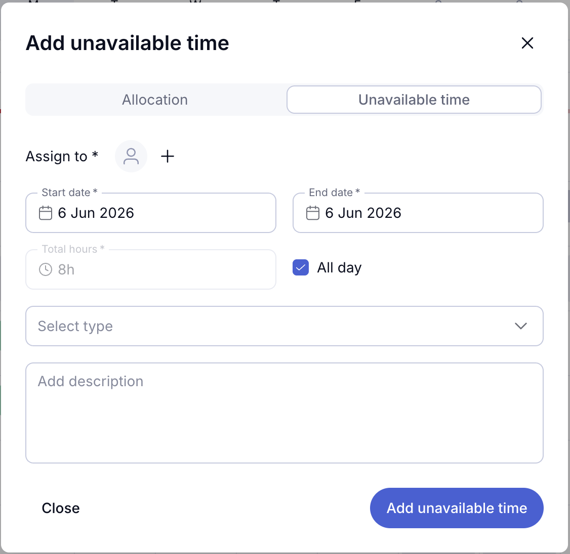 Unavailable time modal — before: Select type dropdown empty