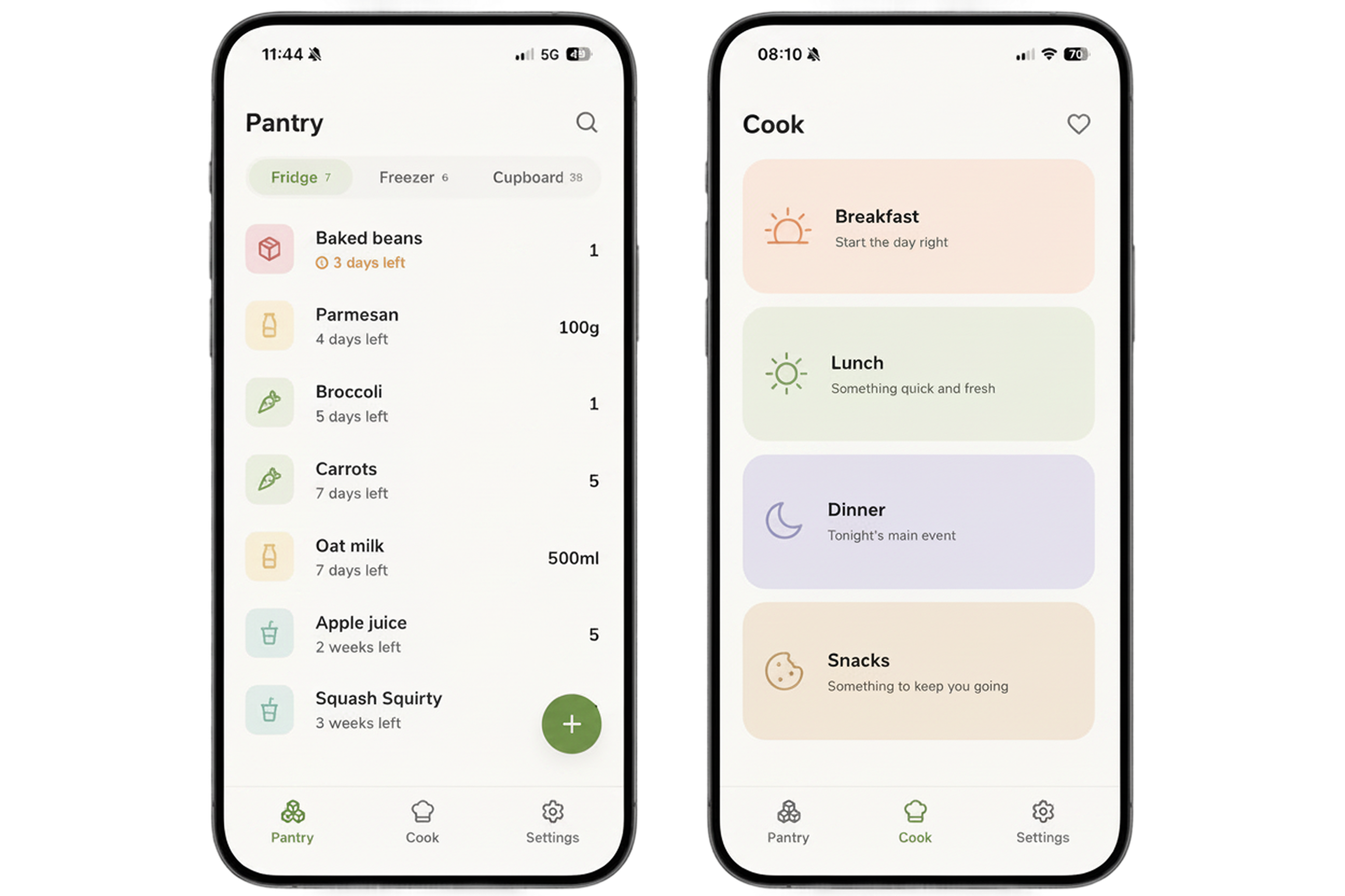 Pantry mobile app showing food inventory management and expiry tracking screens